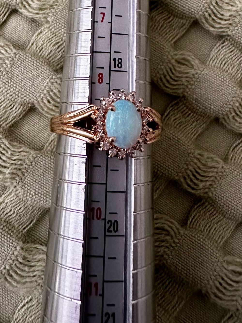 18 k Rose Gold Opal Halo Ring - Light Blue Opal Accent